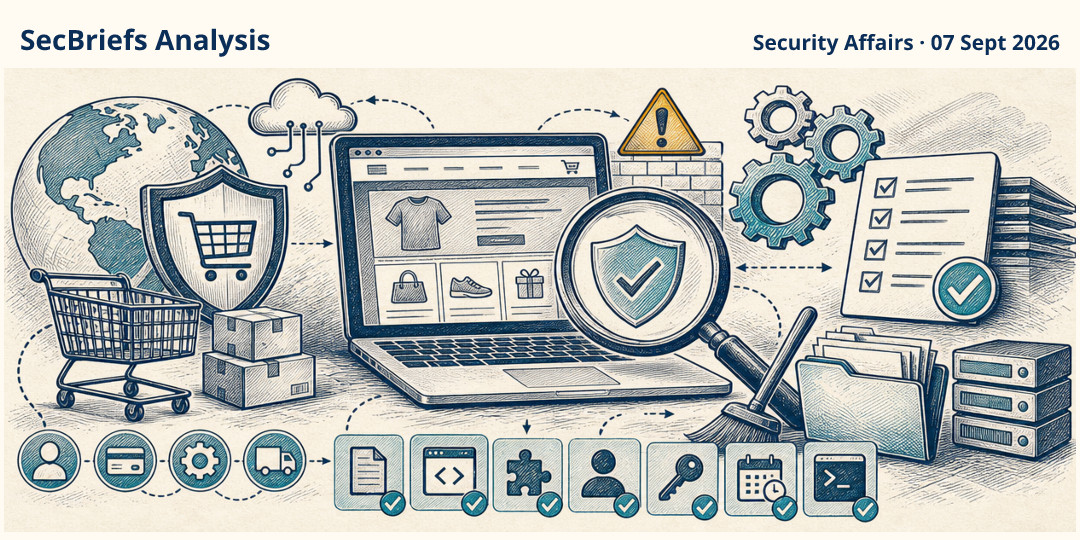 SecBriefs Analysis illustration for “Reported Magento and Adobe Commerce attacks put online stores on alert”; source Security Affairs, 07 Sept 2026.