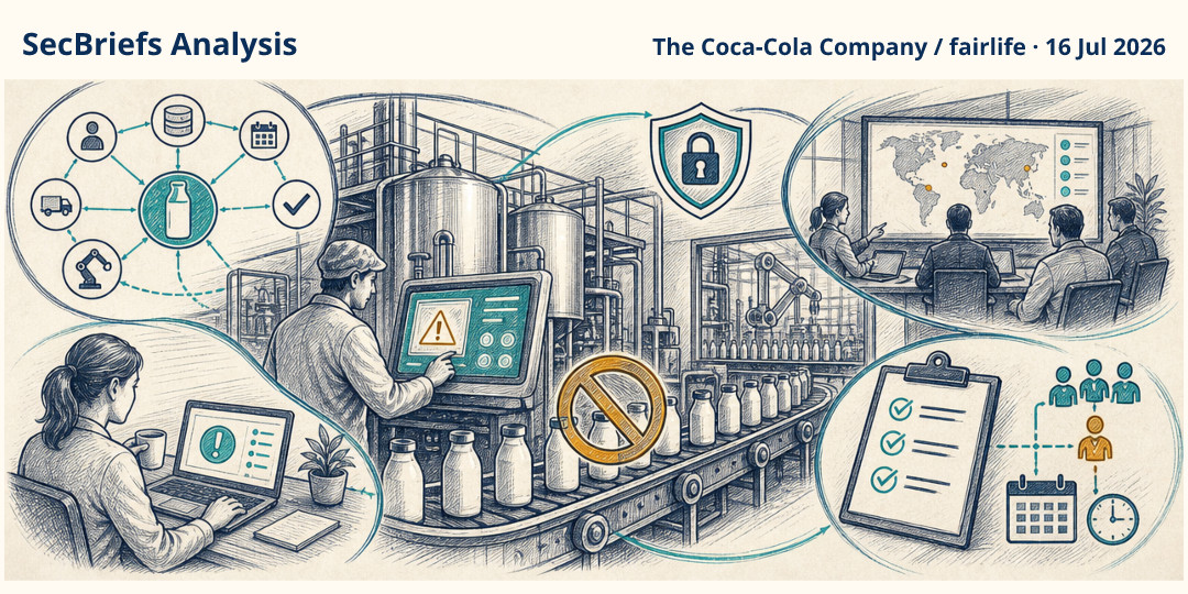 SecBriefs Analysis illustration for “Coca-Cola-owned fairlife temporarily suspends US production after ransomware attack”; source The Coca-Cola Company / fairlife, 16 Jul 2026.