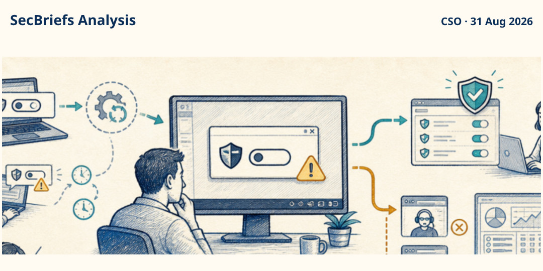 SecBriefs Analysis illustration for “Windows bug shows false Defender antivirus-off alerts”; source CSO, 31 Aug 2026.