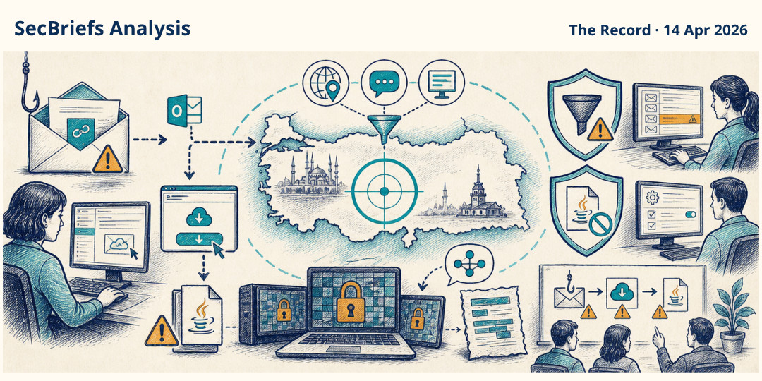 SecBriefs Analysis illustration for “JanaWare ransomware targets users in Turkey with localized campaign”; source The Record, 14 Apr 2026.