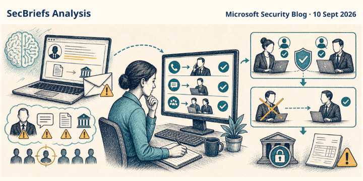 SecBriefs Analysis illustration for “Treat executive payment requests as identity-verification events”; source Microsoft Security Blog, 10 Sept 2026.
