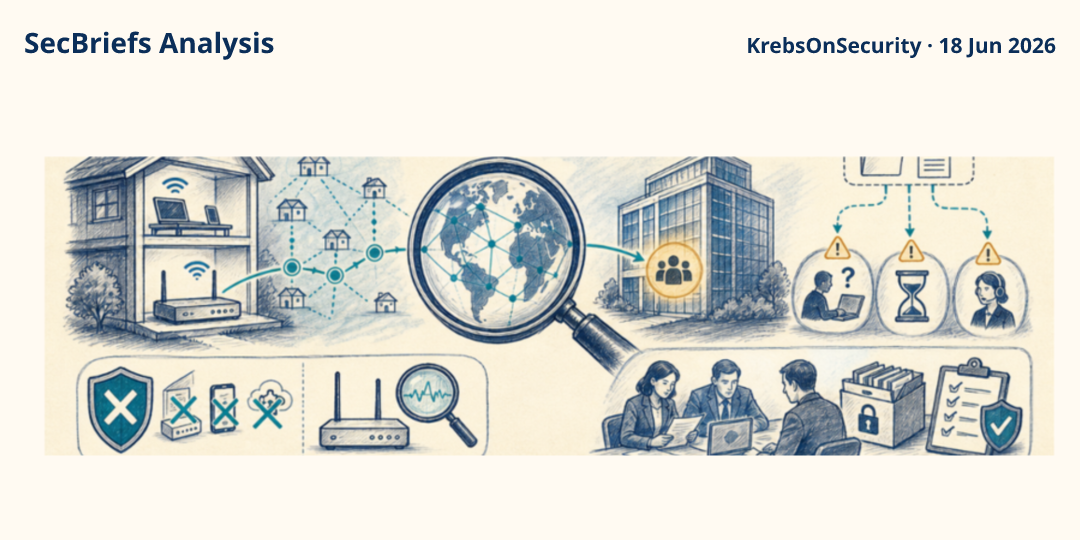 SecBriefs Analysis illustration for “Investigation links residential proxy botnet to a publicly traded company”; source KrebsOnSecurity, 18 Jun 2026.