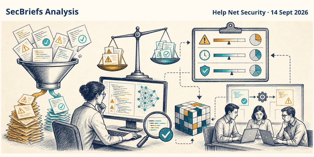 SecBriefs Analysis illustration for “AWS benchmark exposes the false-positive problem in AI vulnerability detection”; source Help Net Security, 14 Sept 2026.