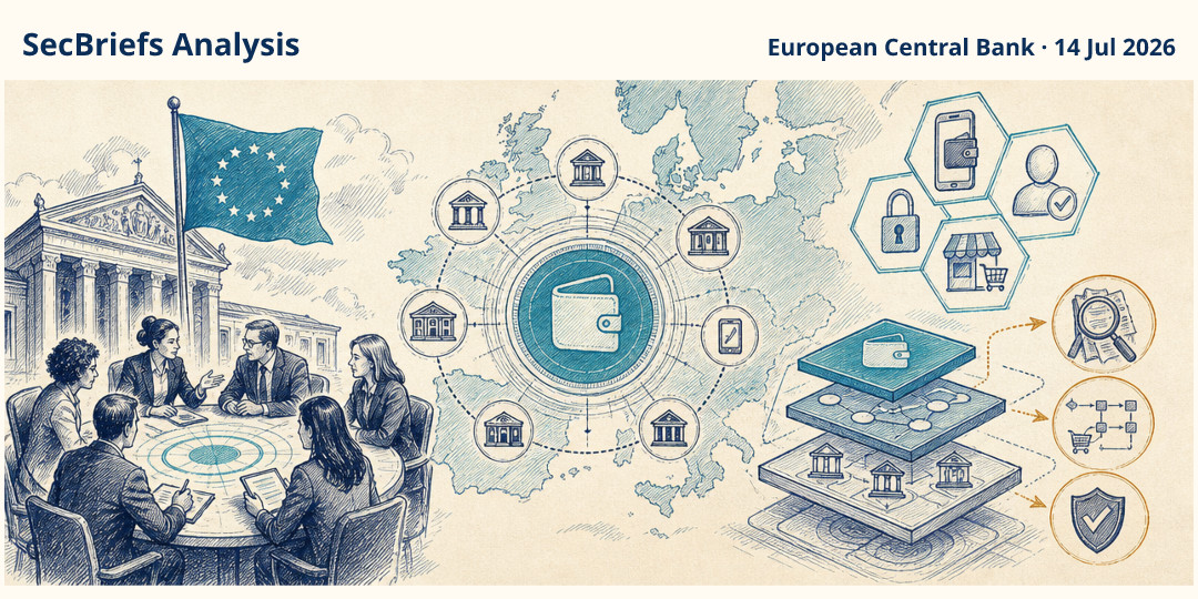 SecBriefs Analysis illustration for “ECB selects 36 payment providers for the digital euro pilot”; source European Central Bank, 14 Jul 2026.