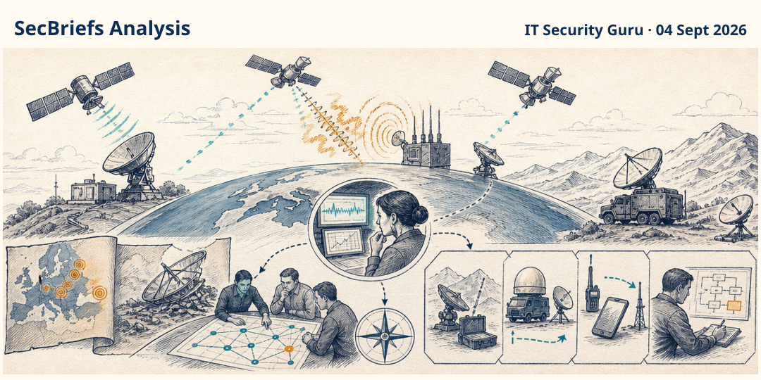 SecBriefs Analysis illustration for “Satellite resilience testing examines communications under interference and adversarial jamming”; source IT Security Guru, 04 Sept 2026.