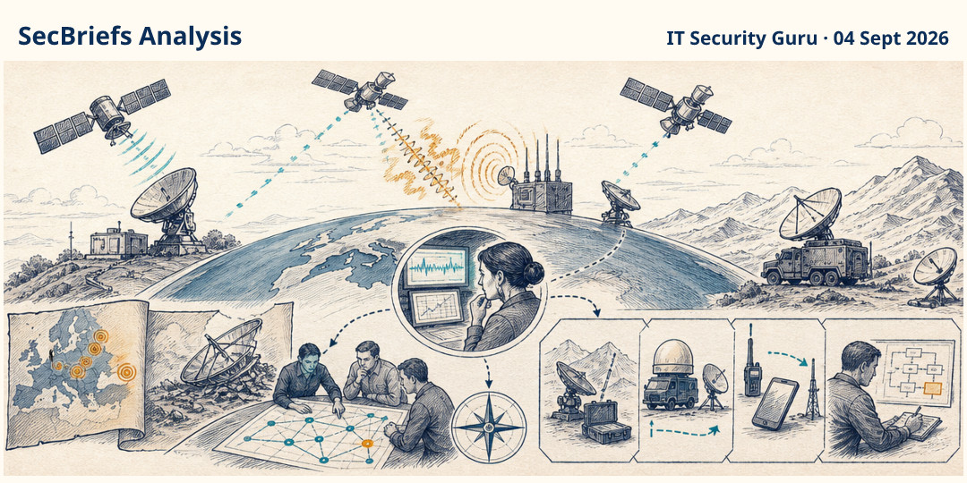 SecBriefs Analysis illustration for “Satellite resilience testing examines communications under interference and adversarial jamming”; source IT Security Guru, 04 Sept 2026.
