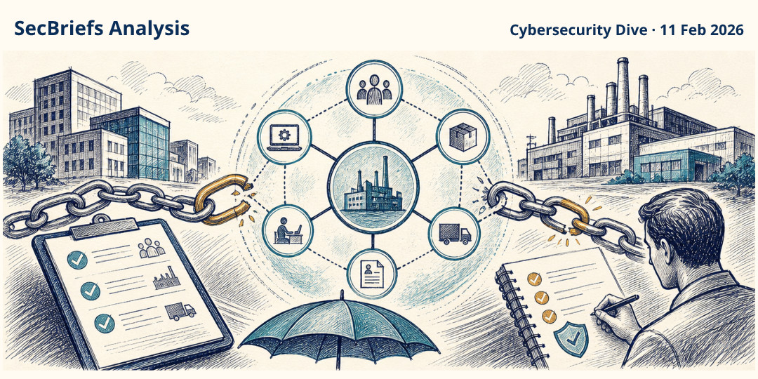 SecBriefs Analysis illustration for “Intel 471 reports rising extortion attacks targeting supply-chain weaknesses”; source Cybersecurity Dive, 11 Feb 2026.