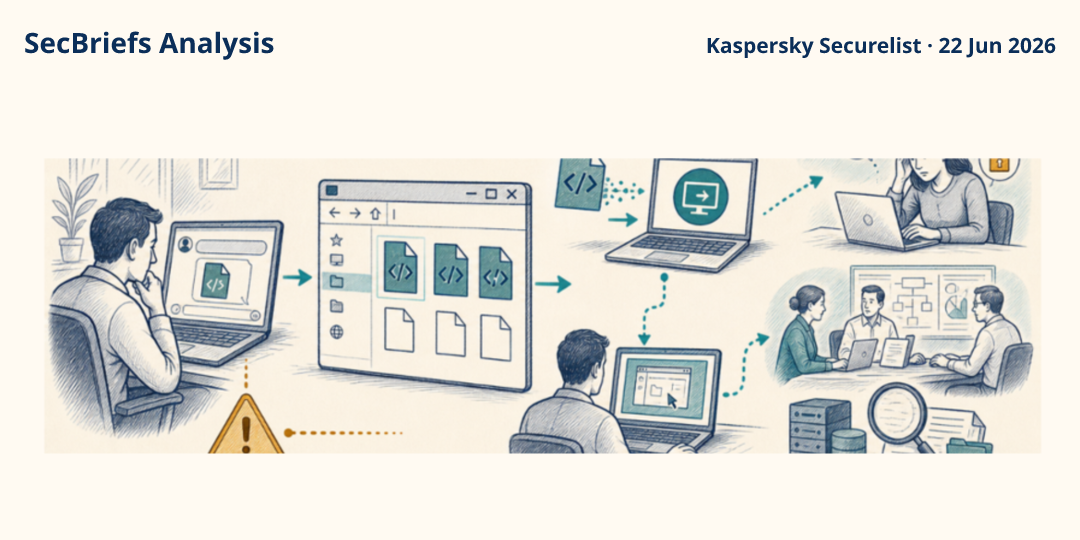 SecBriefs Analysis illustration for “WhatsApp file campaign installed remote-access software on Windows computers”; source Kaspersky Securelist, 22 Jun 2026.