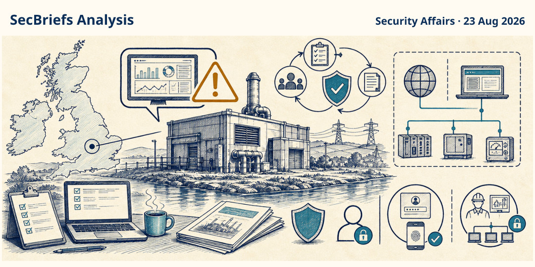 SecBriefs Analysis illustration for “Cyber incident kept a small UK power generator offline for four days”; source Security Affairs, 23 Aug 2026.
