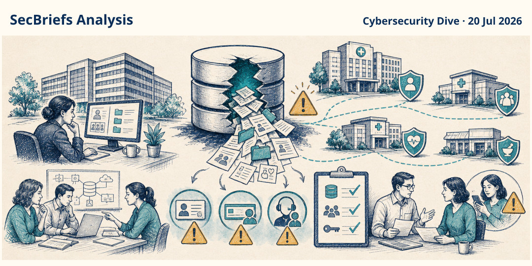 SecBriefs Analysis illustration for “Healthcare software supplier breach exposed employee and customer records”; source Cybersecurity Dive, 20 Jul 2026.