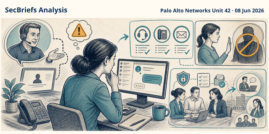 SecBriefs Analysis illustration for “Fake IT calls through Microsoft Teams are leading employees into compromise”; source Palo Alto Networks Unit 42, 08 Jun 2026.