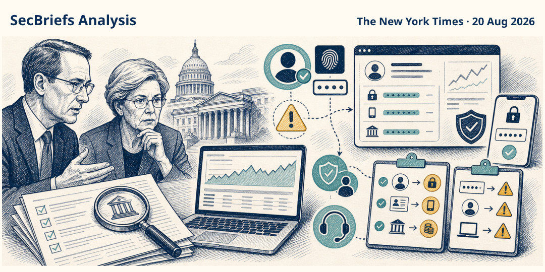 SecBriefs Analysis illustration for “US brokerages face scrutiny over customer account-theft protections”; source The New York Times, 20 Aug 2026.