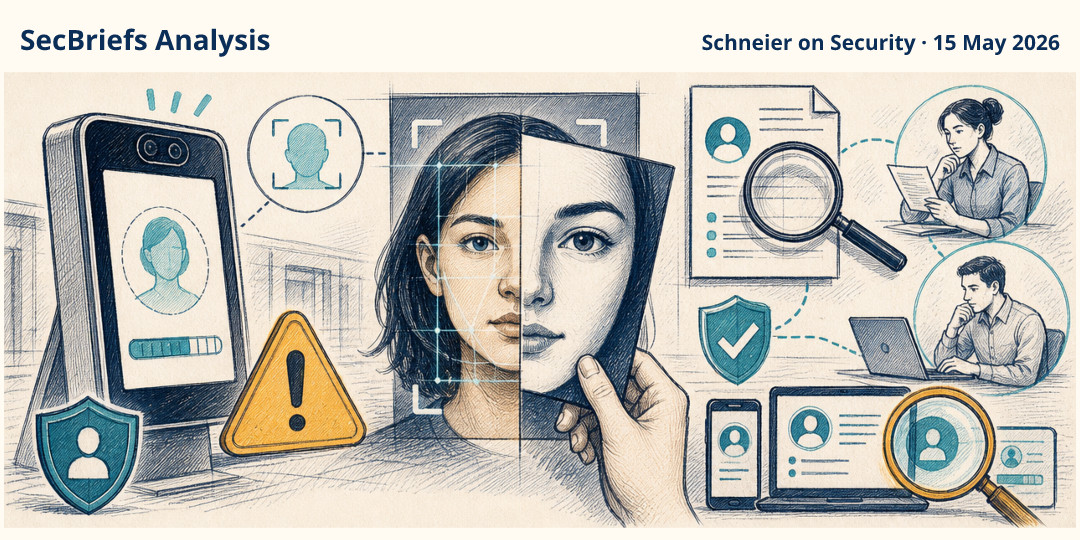SecBriefs Analysis illustration for “Camera-based age checks can be bypassed with simple presentation attacks”; source Schneier on Security, 15 May 2026.
