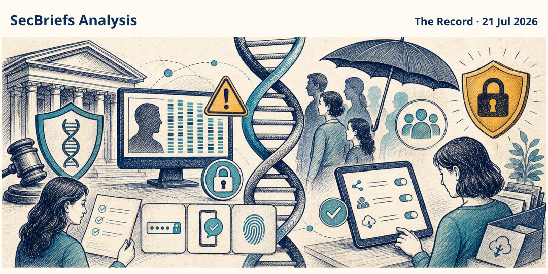 SecBriefs Analysis illustration for “Spanish regulator fined 23andMe over safeguards for genetic data”; source The Record, 21 Jul 2026.