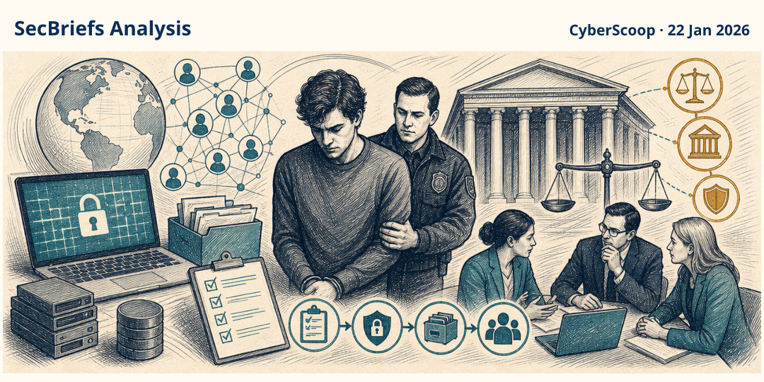SecBriefs Analysis illustration for “Russian National Pleads Guilty in Ransomware Conspiracy Case”; source CyberScoop, 22 Jan 2026.