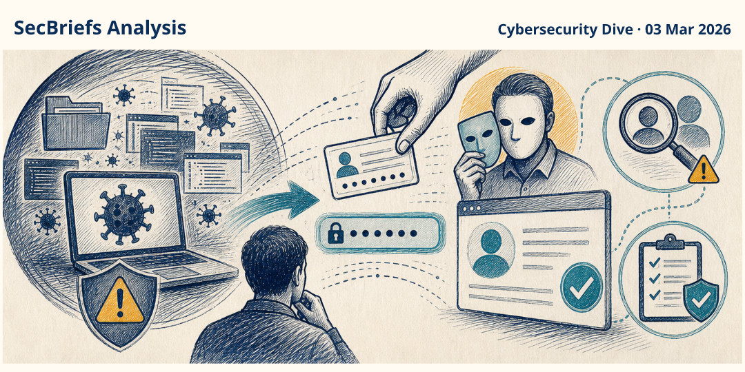 SecBriefs Analysis illustration for “Ransomware shifts toward stolen passwords and impersonation”; source Cybersecurity Dive, 03 Mar 2026.