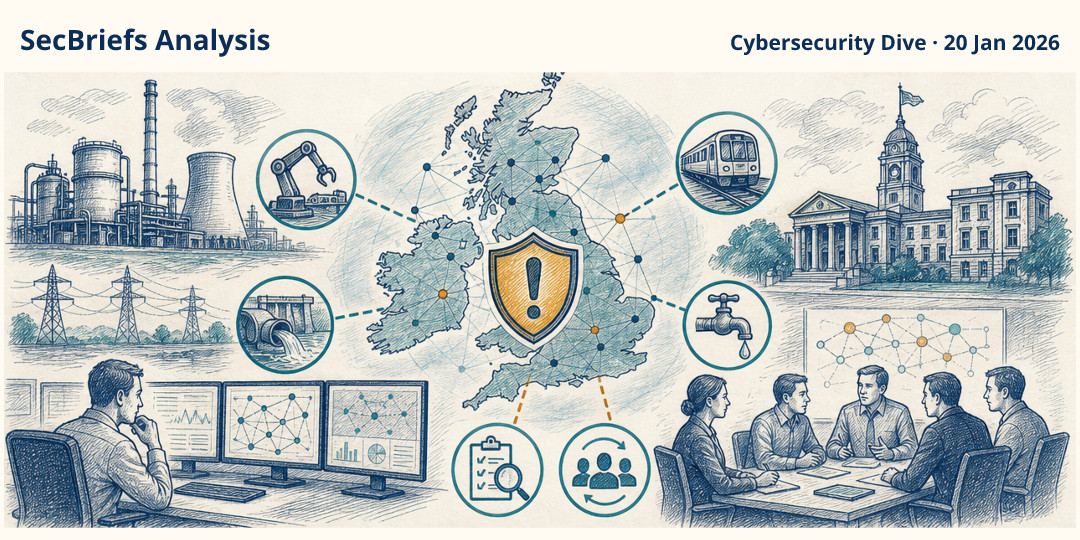 SecBriefs Analysis illustration for “UK authorities warn of pro-Russia targeting of critical infrastructure and local government”; source Cybersecurity Dive, 20 Jan 2026.