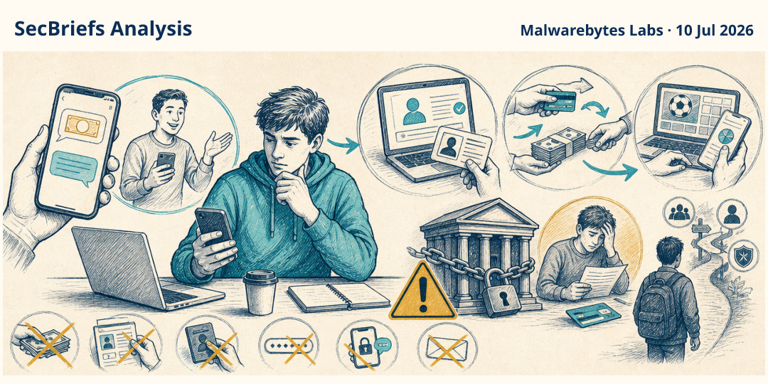 SecBriefs Analysis illustration for “Betting-account offers can recruit ordinary people into money laundering”; source Malwarebytes Labs, 10 Jul 2026.