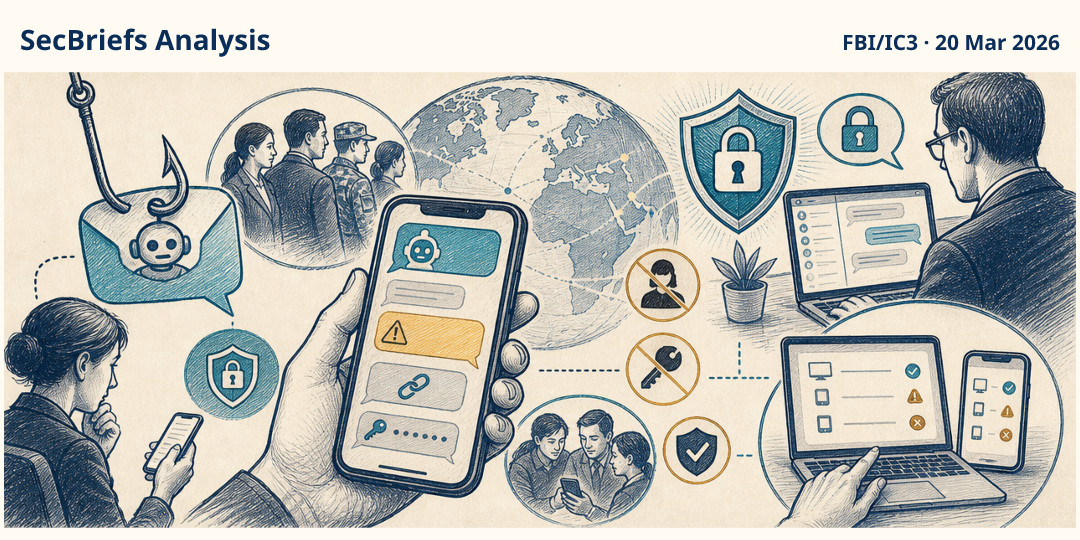SecBriefs Analysis illustration for “Russian-linked phishing targeted officials’ secure messaging accounts worldwide”; source FBI/IC3, 20 Mar 2026.