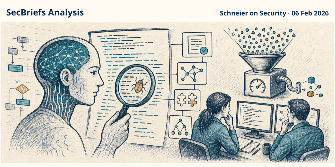 SecBriefs Analysis illustration for “Opus 4.6 Shows Faster, Stronger Vulnerability Finding in Early Tests”; source Schneier on Security, 06 Feb 2026.