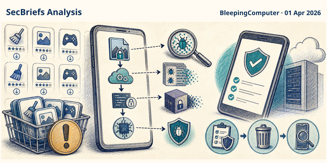 SecBriefs Analysis illustration for “NoVoice malware reached 2.3 million Android downloads through Google Play”; source BleepingComputer, 01 Apr 2026.