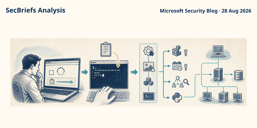 SecBriefs Analysis illustration for “Fake CAPTCHA campaign turns pasted PowerShell into a network tunnel”; source Microsoft Security Blog, 28 Aug 2026.
