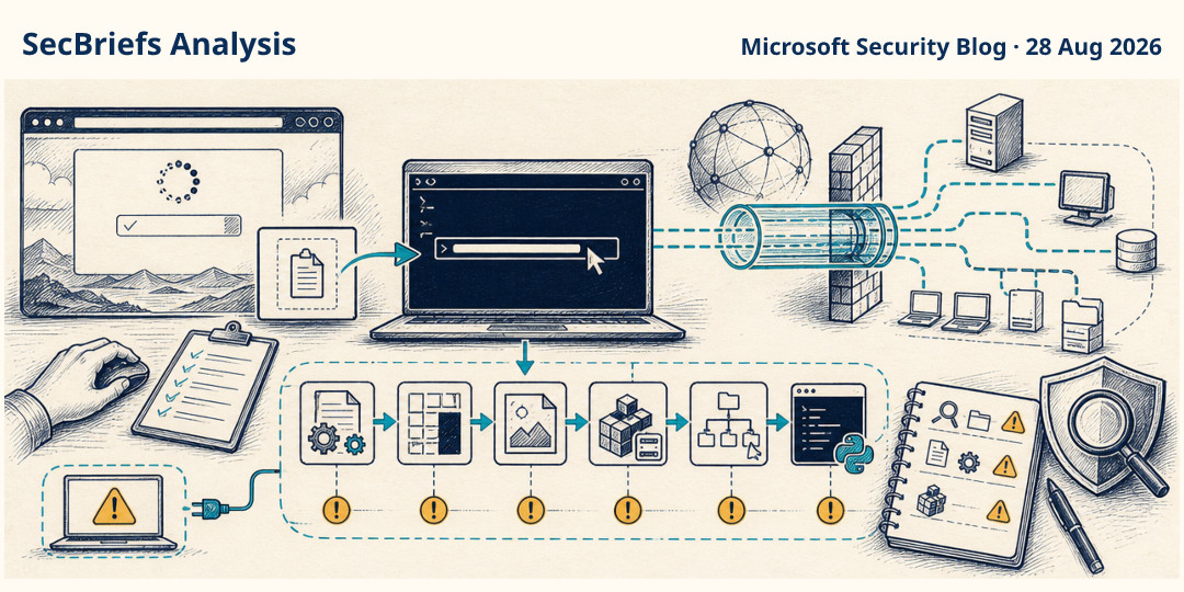 SecBriefs Analysis illustration for “Fake CAPTCHA campaign turns pasted PowerShell into a network tunnel”; source Microsoft Security Blog, 28 Aug 2026.