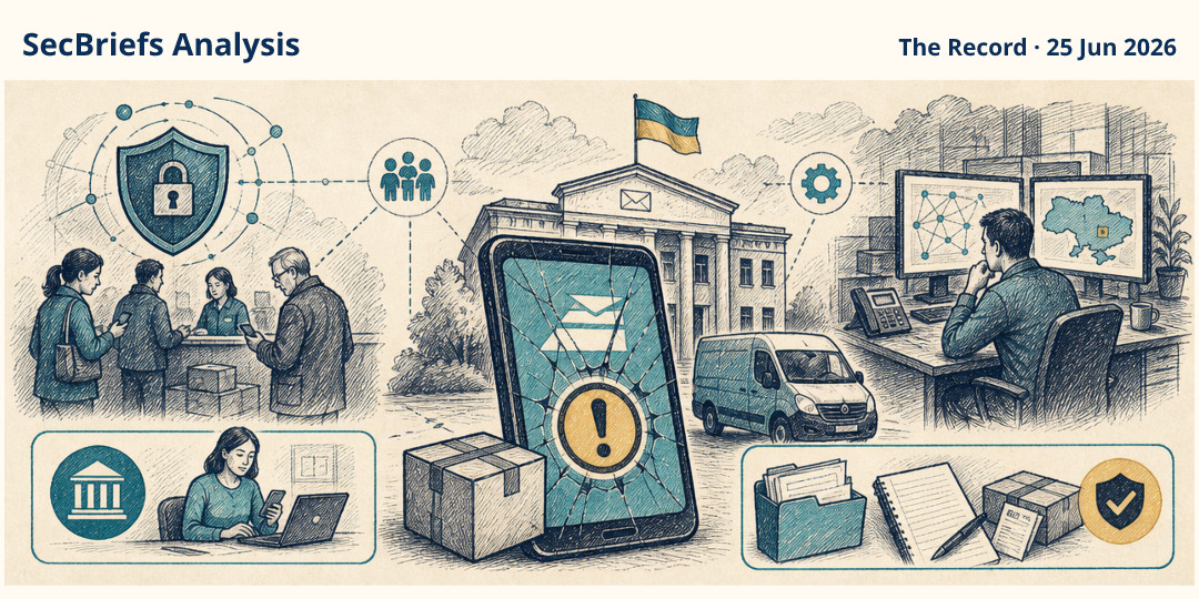 SecBriefs Analysis illustration for “Cyberattack disrupted Ukraine’s state postal app and customer services”; source The Record, 25 Jun 2026.