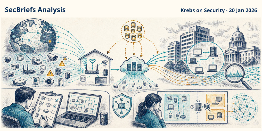 SecBriefs Analysis illustration for “Kimwolf IoT Botnet Reportedly Reaches More Than 2 Million Devices”; source Krebs on Security, 20 Jan 2026.