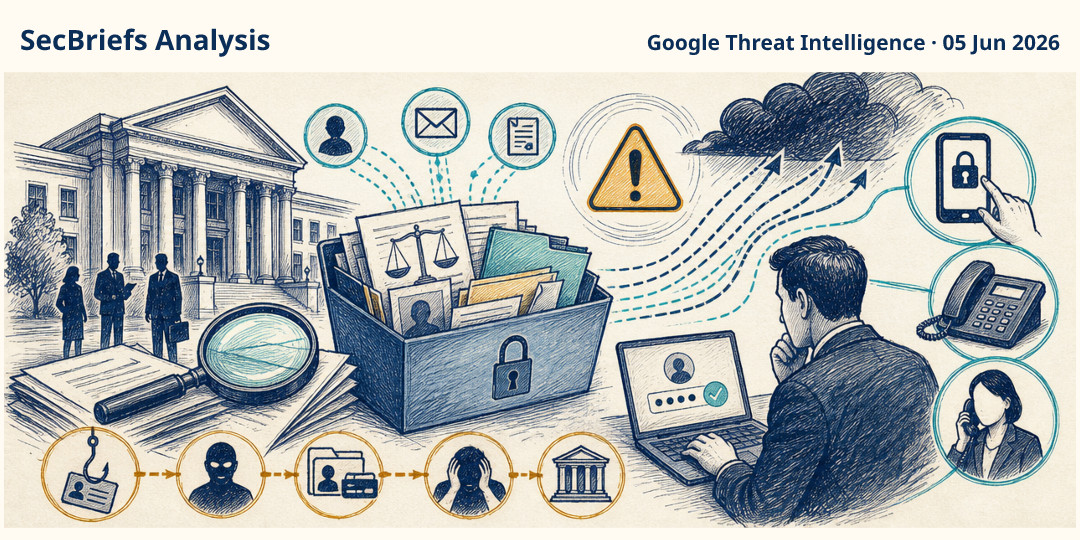 SecBriefs Analysis illustration for “Targeted campaign pursued US law firms and their confidential client data”; source Google Threat Intelligence, 05 Jun 2026.