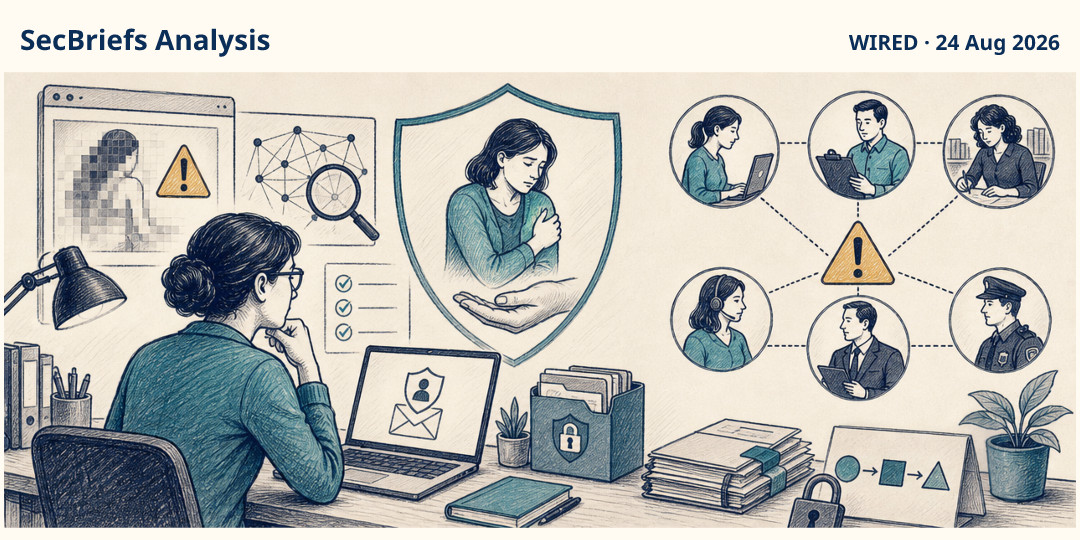 SecBriefs Analysis illustration for “Teacher-targeted sexualized deepfakes show an identity-abuse response gap”; source WIRED, 24 Aug 2026.