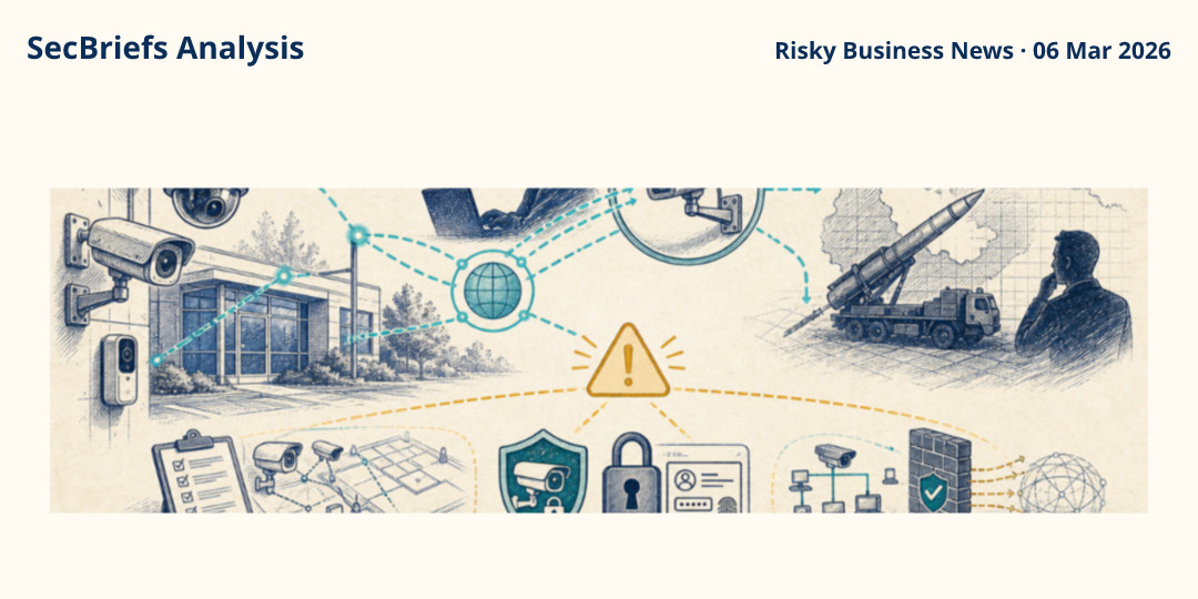 SecBriefs Analysis illustration for “Risky Business reports Iranian scanning of security cameras for missile-strike support”; source Risky Business News, 06 Mar 2026.