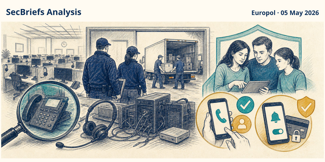 SecBriefs Analysis illustration for “Authorities dismantled call centres tied to €50 million online fraud”; source Europol, 05 May 2026.