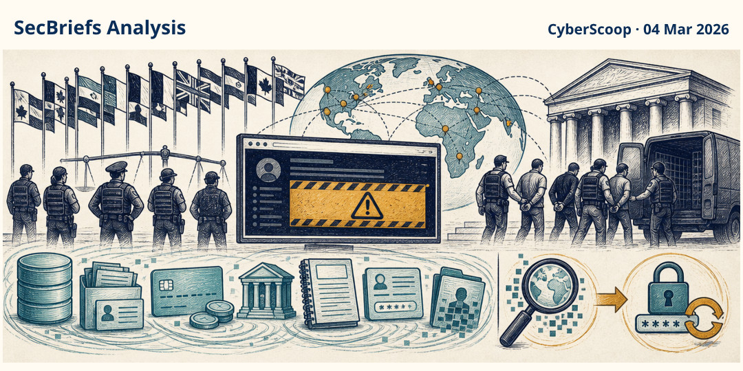 SecBriefs Analysis illustration for “Authorities from 14 countries shut down LeakBase cybercrime forum”; source CyberScoop, 04 Mar 2026.