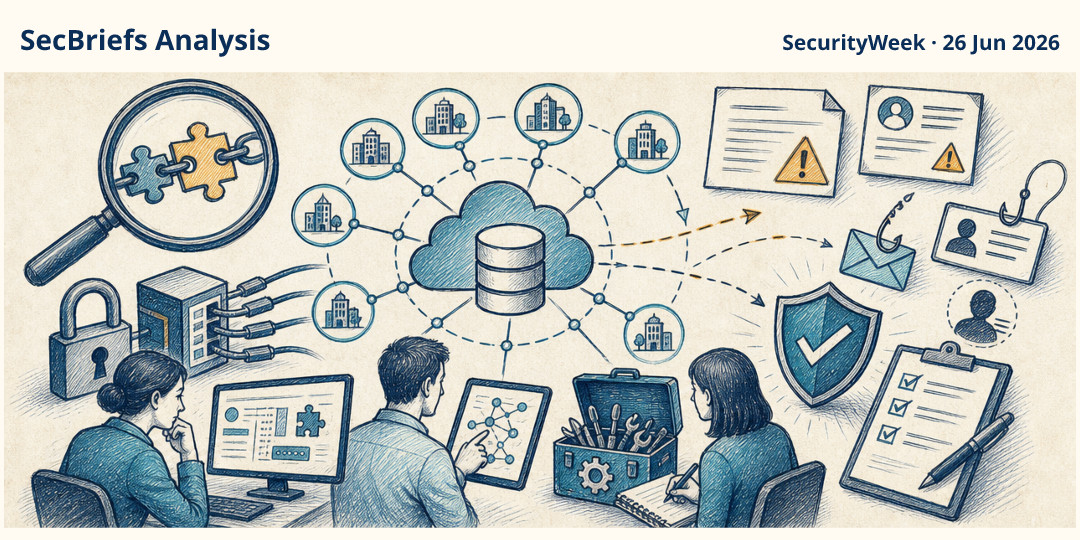 SecBriefs Analysis illustration for “Klue breach exposed connected Salesforce data across customer organizations”; source SecurityWeek, 26 Jun 2026.
