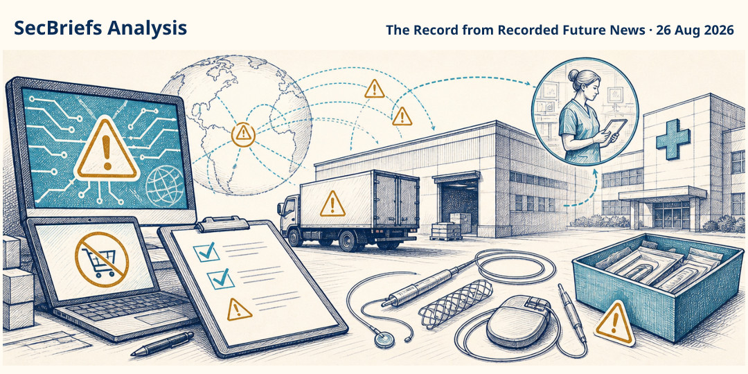 SecBriefs Analysis illustration for “Boston Scientific cyberattack disrupts orders and shipping”; source The Record from Recorded Future News, 26 Aug 2026.