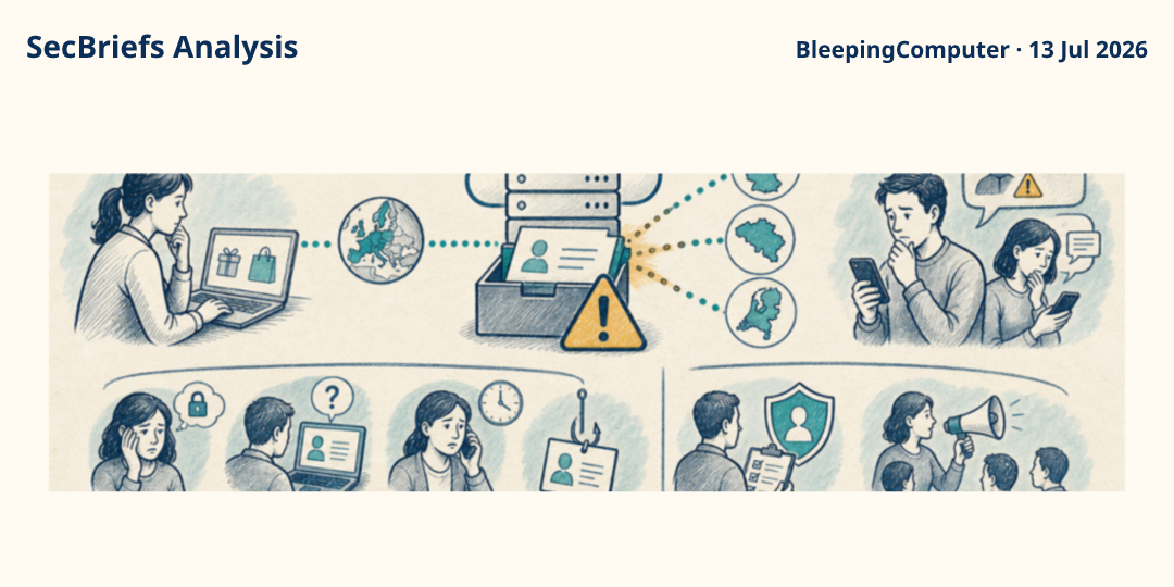 SecBriefs Analysis illustration for “Lidl online-shop customer data exposed after service-provider breach”; source BleepingComputer, 13 Jul 2026.