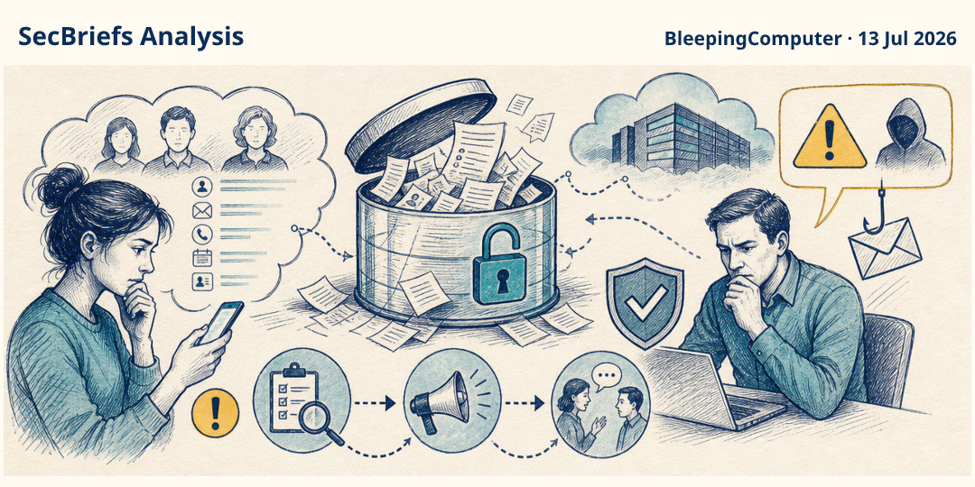 SecBriefs Analysis illustration for “Lidl online-shop customer data exposed after service-provider breach”; source BleepingComputer, 13 Jul 2026.