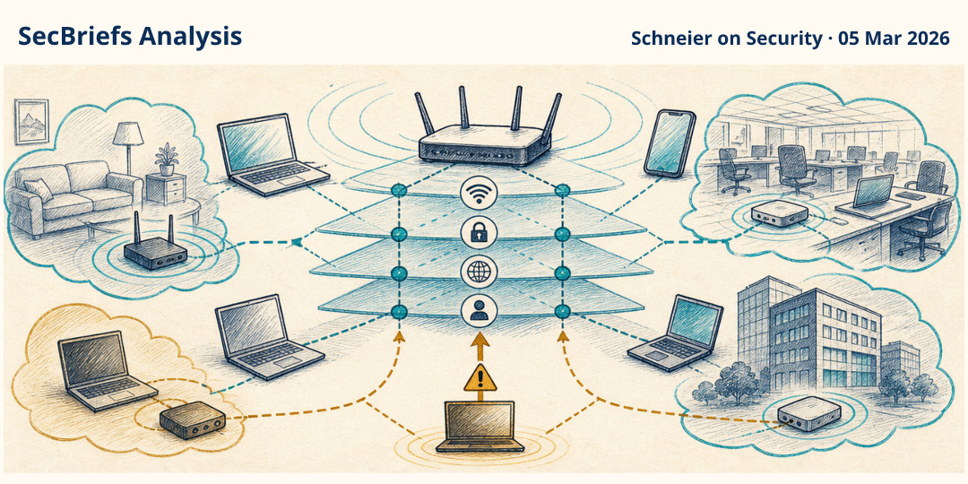 SecBriefs Analysis illustration for “AirSnitch Targets Wi-Fi Through Cross-Layer Identity Desynchronization”; source Schneier on Security, 05 Mar 2026.