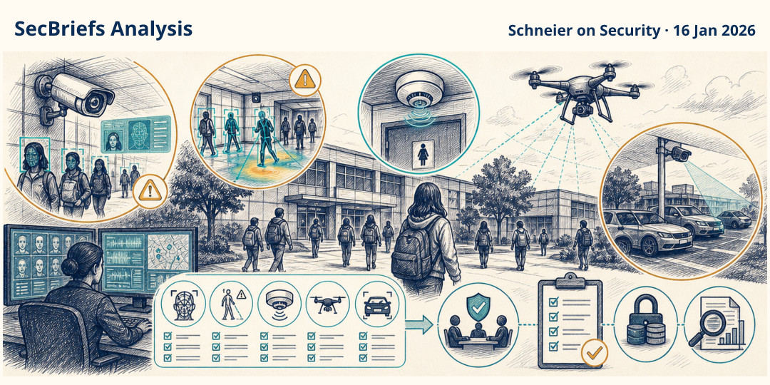 SecBriefs Analysis illustration for “Report Describes AI-Linked Surveillance at Beverly Hills High School”; source Schneier on Security, 16 Jan 2026.