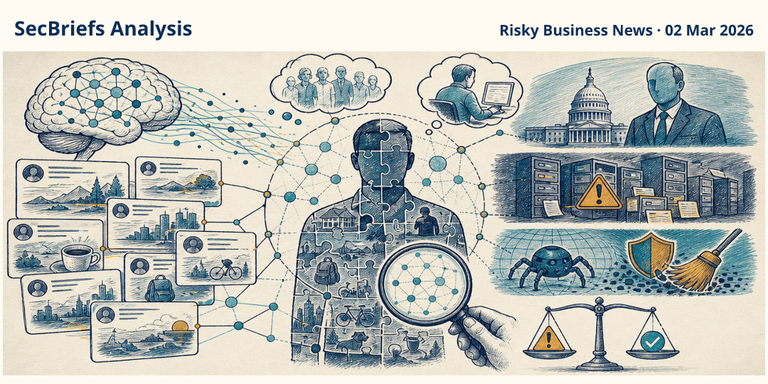SecBriefs Analysis illustration for “Risky Bulletin Highlights LLM Deanonymization Concerns Alongside Several Security Developments”; source Risky Business News, 02 Mar 2026.