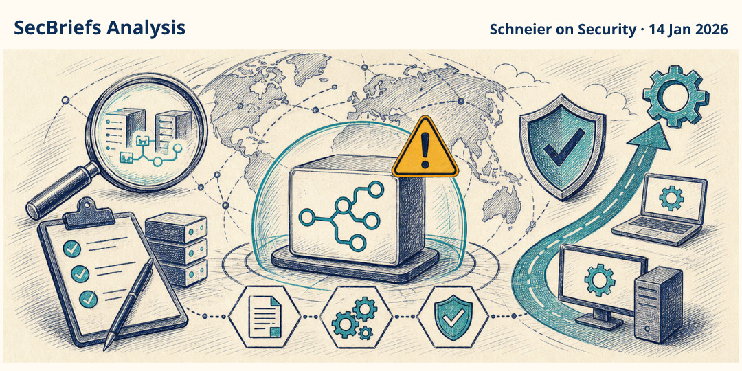 SecBriefs Analysis illustration for “Critical n8n Vulnerability Rated CVSS 10.0 Requires Upgrade to 1.121.0”; source Schneier on Security, 14 Jan 2026.