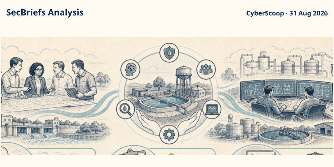 SecBriefs Analysis illustration for “Watershed 250 tests cyber defenses for Texas water systems”; source CyberScoop, 31 Aug 2026.