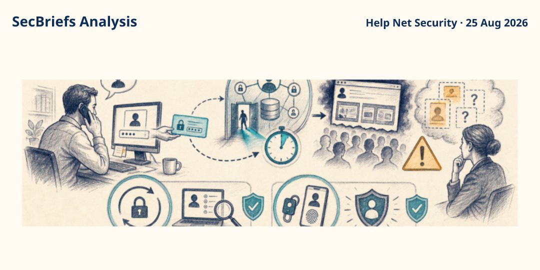 SecBriefs Analysis illustration for “ReliaQuest confirms employee social engineering as ShinyHunters claims a larger intrusion”; source Help Net Security, 25 Aug 2026.