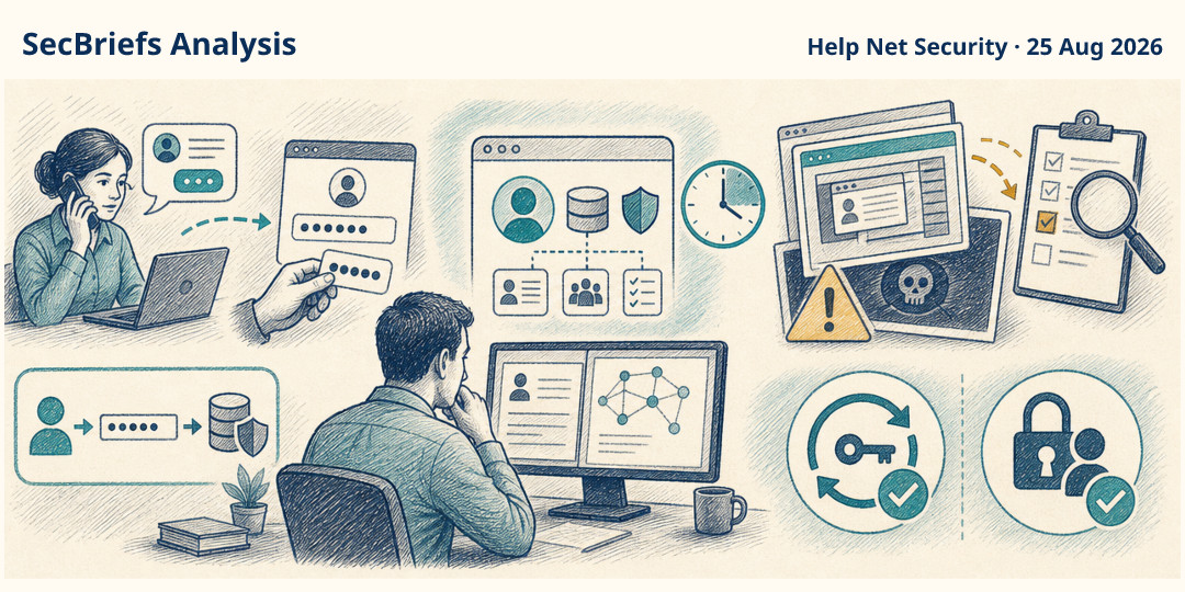 SecBriefs Analysis illustration for “ReliaQuest confirms employee social engineering as ShinyHunters claims a larger intrusion”; source Help Net Security, 25 Aug 2026.