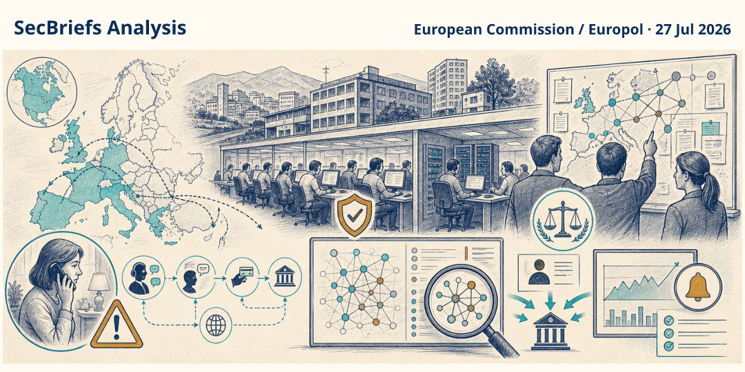 SecBriefs Analysis illustration for “European investigation dismantles call-centre fraud network linked to €50 million in losses”; source European Commission / Europol, 27 Jul 2026.