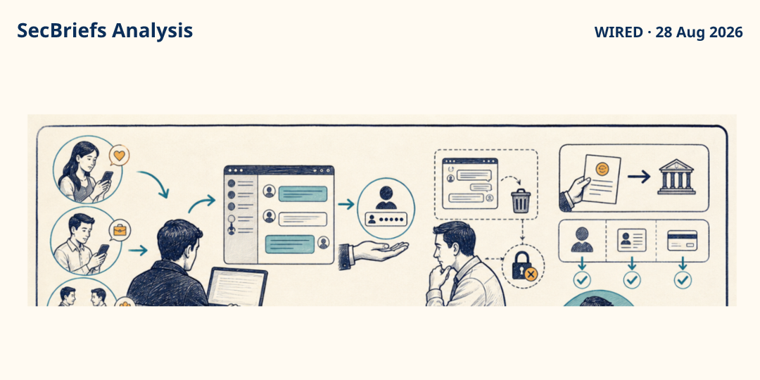 SecBriefs Analysis illustration for “Scammers exploit trusted enterprise chat to steer victims into payments”; source WIRED, 28 Aug 2026.
