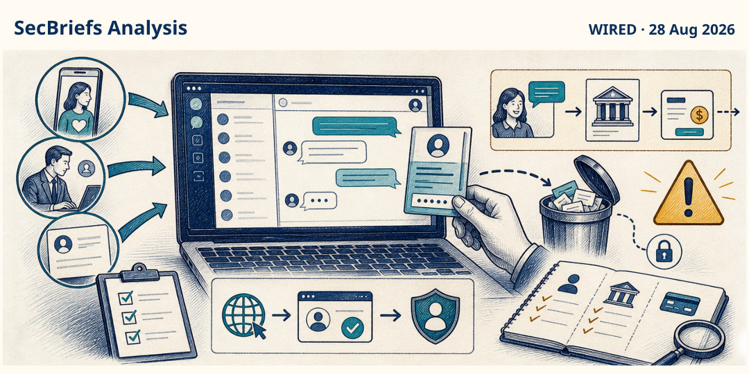 SecBriefs Analysis illustration for “Scammers exploit trusted enterprise chat to steer victims into payments”; source WIRED, 28 Aug 2026.