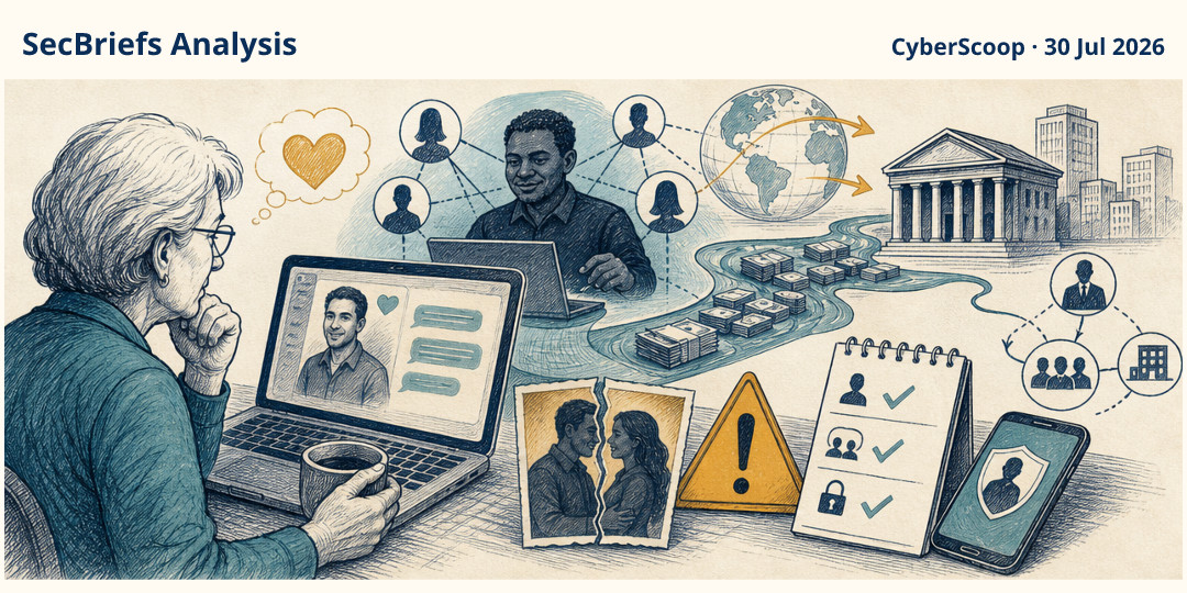 SecBriefs Analysis illustration for “Nine-year romance scam stole more than $10 million from vulnerable victims”; source CyberScoop, 30 Jul 2026.