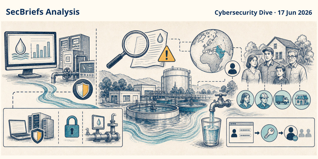 SecBriefs Analysis illustration for “California water utility investigated a breach claim from an Iran-linked actor”; source Cybersecurity Dive, 17 Jun 2026.